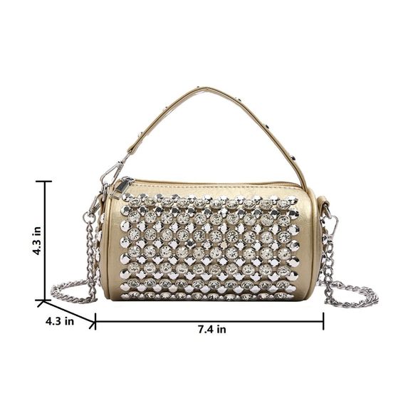 Rhinestone Cylinder Crossbody Bag Sparkling Barrel Purse Mini Tote, T_T - Picture 2 of 5